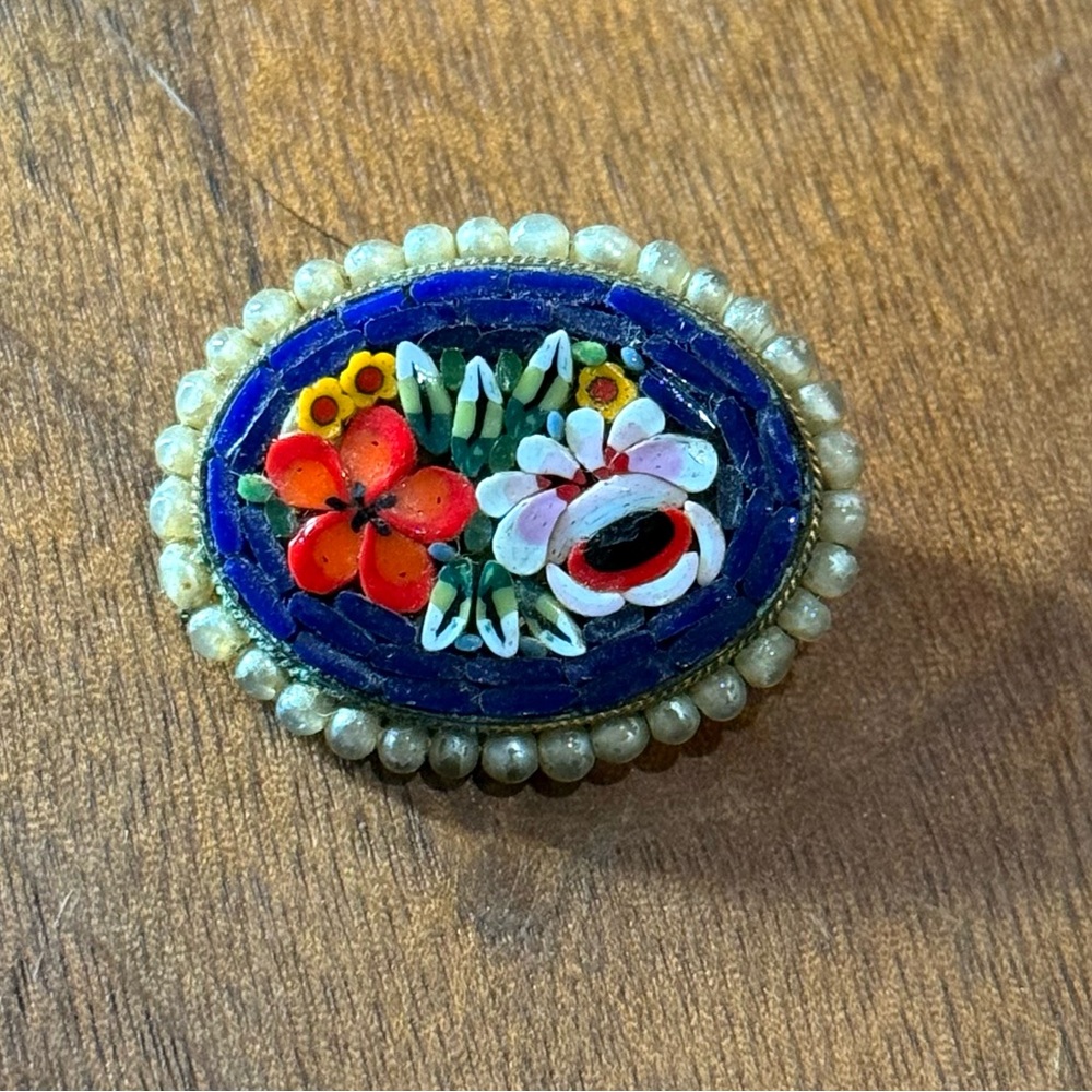 Vintage micro mosaic brooch floral motif gold tone metal bouquet flowers.
